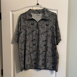 Lands' End Black and White Leaf Print Short Sleeve Polo